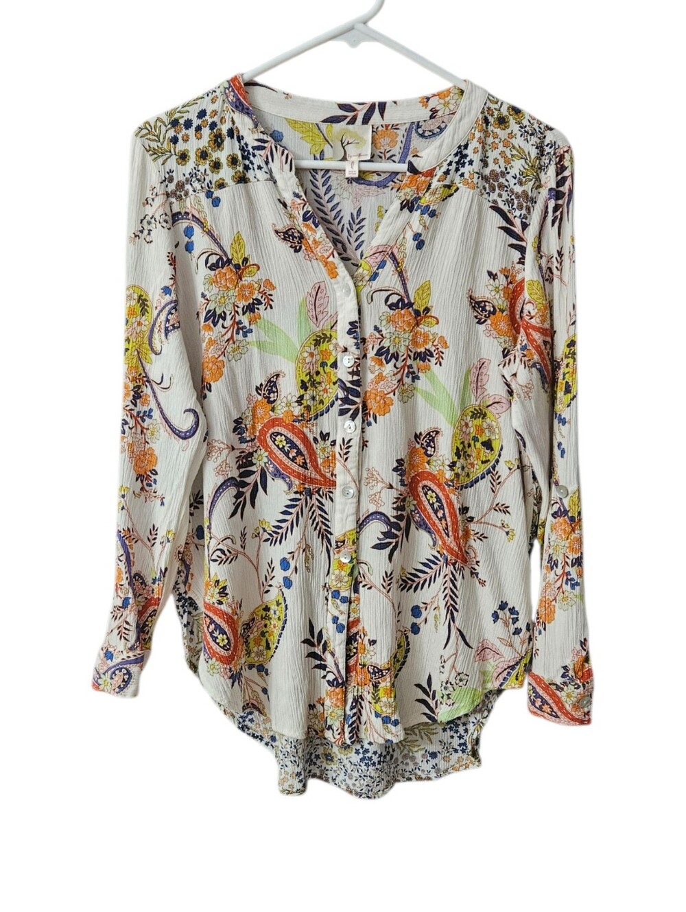 Fig & Flower Button Front Blouse Women Large Floral Paisley Roll Tab Sleeves
